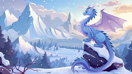 Wall Mural - The snowy mountain landscape shows a dragon looking over the territory. The character is a cartoon fantasy character, a magic creature watching territory. The character is a fairytale flying