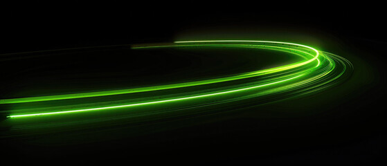 glowing shining simple smooth curve white green light trail in arc shape motion speed on dark background