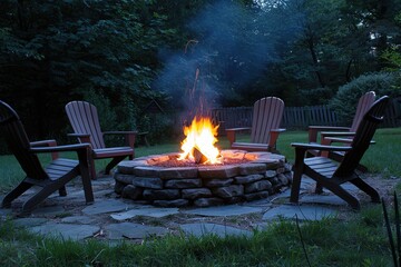 Poster - Outdoor fire pit in the backyard with lawn chairs seating on a late summer night