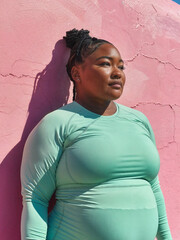 Wall Mural - A young plus size black woman in sportswear stands against the background of a pink wall after playing sports and jogging.