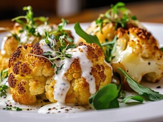 Wall Mural - Baked Cauliflower, Roasted Cabbage Dish, Fried Cauliflower with Cream Sauce and Fresh Greens