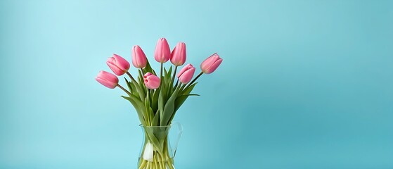 Wall Mural - Bouquet of pink tulips on tosca background. Mothers day, Valentines Day, Birthday celebration concept. Greeting card, invitation card, thanks card. Copy space, top view