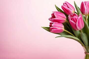 Bouquet of pink tulips on pink background. Mothers day, Valentines Day, Birthday celebration concept. Greeting card, invitation card, thanks card. Copy space, top view
