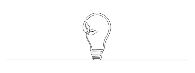 Aufkleber - Plant inside light Bulb in one continuous line drawing. Creative concept of green energy and environmental friendly sources. Eco sustainable symbol in Editable stroke. Outline vector illustration