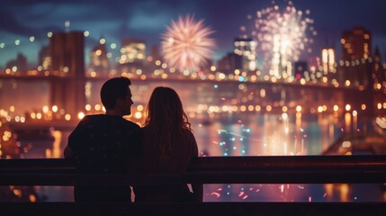 happy couple on the beach enjoying the sunset. concept of independence of america and valentines day