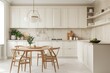 © Joaquin Corbalan - A scandinavian classic minimalist kitchen featuring white cabinets, a table, and chairs.