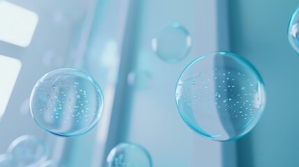 Wall Mural - Close-up of translucent blue bubbles floating against a light background.