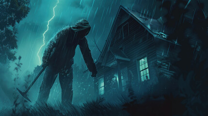 A masked figure using a crowbar to break into a house during a stormy night.