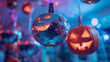 © Sawoon - Pretty fun silver metallic shiny light disco ball pumpkin for Halloween mirror jack-o-lantern hanging indoors ceiling fairy light background banner empty mock fall night party event concept creative