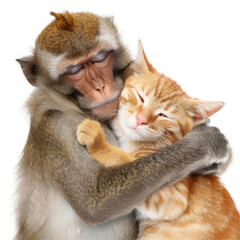 Wall Mural - Monkey hugs ginger cat
