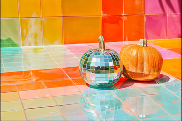 Wall Mural - Fun silver ceramic metallic shiny disco ball pumpkin decor rainbow  square tile background for Halloween banner spooky empty mock up fall lux squash party concept creative ad campaign 