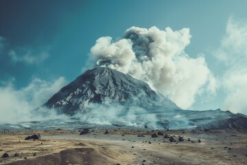 Wall Mural - A landscape with a view of a volcanic eruption. A natural disaster. Fire in the mountains, explosion. The release of lava and smoke from a dormant volcano