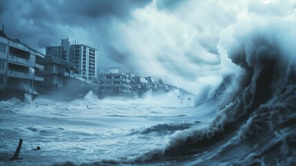 Wall Mural - Storm, tsunami. A big wave, flooding of the city. The water element of the ocean. Natural disaster, cataclysm