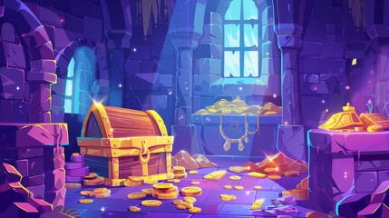 Wall Mural - A medieval castle interior with treasury, treasure chest, gold money and jewelry. Fantasy game background of medieval palace interior with treasury, modern illustration.