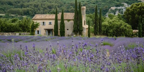 Wall Mural - House in a lavender field
