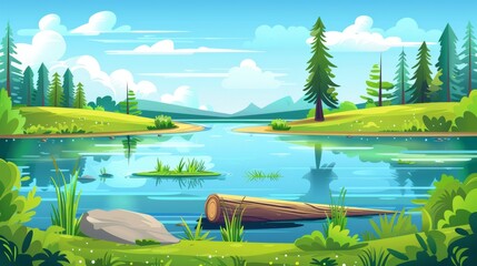 Wall Mural - Modern cartoon illustration of a landscape with a lake with trees, grass, bushes, a pond and wooden log in the water. There are fields, rivers, clouds in the sky and a wooden log floating in the