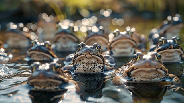 Multiple frogs' heads peering out of water, captured with focus and clarity against a blurred natural background