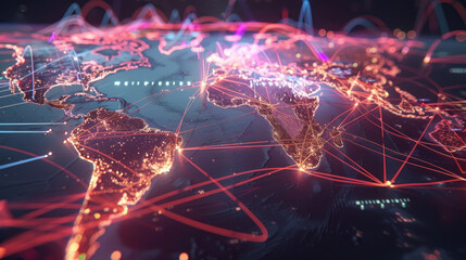 Canvas Print - Abstract visualization of global trade with interconnected world map and shipping routes.