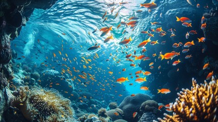 Lively underwater scene showing colorful tropical fish swimming around a vibrant coral reef