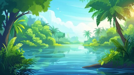 Wall Mural - A tropical forest with a river modern background. Water in an amazon lake nature cartoon landscape. An illustration showing a beautiful swamp and tree scene. A sunny summer day picture with a wild