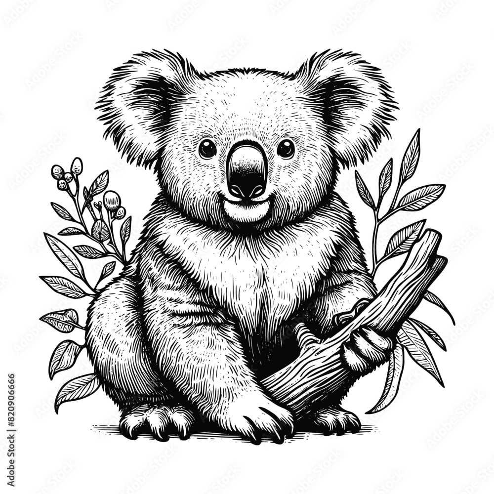koala illustration. hand drawn koala black and white vector ...