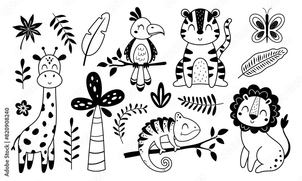 Vector de Stock Jungle animals clipart. Black and white tropical ...
