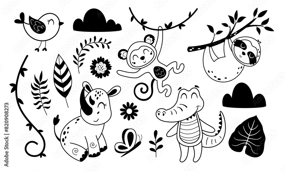 Jungle animals clipart. Black and white tropical clipart. Safari animal