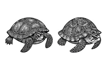 Wall Mural - set of turtle illustration. hand drawn turtle black and white vector illustration. isolated white background