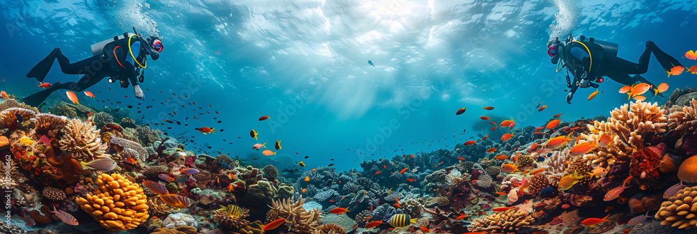 Diver explores vibrant coral reef teeming with underwater life in the ...
