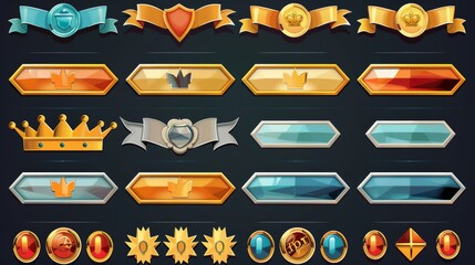 Wall Mural - Animated set of royal game buttons. Golden, silver gui frames adorned with crowns and ribbons. Click action sprite sheet includes play, start, login, settings long and short bars.