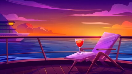 Wall Mural - The sunset view from the deck of a cruise ship is a cartoon illustration background showing a yacht railing with a chair and cocktail on the terrace under a purple and orange evening sky. A luxury