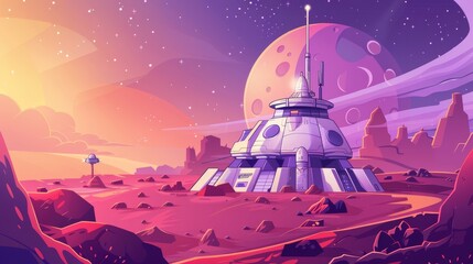 Wall Mural - Building on a planet with a modern landscape of a space station. Cartoon illustration of a spaceship on top of a Mars city base. Futuristic alien colony in space with exploration mission and