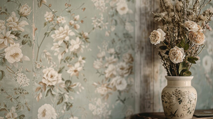 Wall Mural - Elevate your decor with the vintage allure of a floral wallpaper design, boasting intricate patterns and muted tones that offer a romantic backdrop