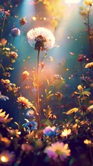 Poster - A beautiful spring flower field summer meadow. Dandelion Natural colorful landscape with many wild flowers of daisies against blue sky. A frame with soft selective focus. Magical nature background 4k