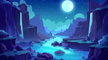 Poster - Night landscape with blue river flow. Modern cartoon illustration of canyon cliffs, huge stones, lake water under blue sky with full moon light. Adventure game background.