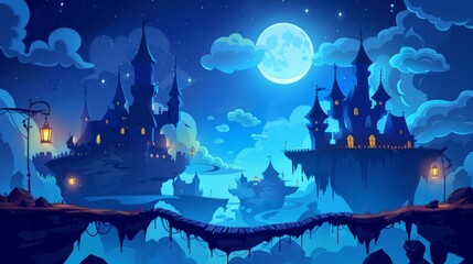 Poster - Magical floating rock islands with fantasy sky road leading to a unicorn castle. Medieval kingdom fantasy landscape illustration at night. Halloween fortress silhouette with cloud and moonlight.