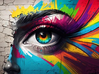 Background wall of gravity with the face of a one-eyed girl, colorful street art on the side of the road, purple, orange, red, pink 