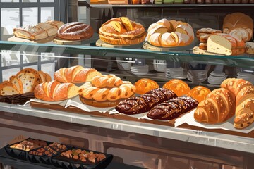 A bakery with a variety of breads and pastries on display. Scene is warm and inviting, with the breads and pastries arranged neatly on the counter