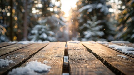 Wall Mural - Empty wooden table top for product display, presentation stage. Snowy winter landscape background.	