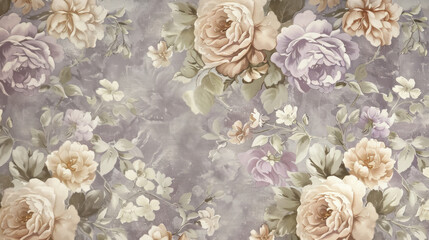 Wall Mural - Immerse yourself in the romance of a bygone era with a vintage floral wallpaper design, adorned with delicate blooms and muted tones