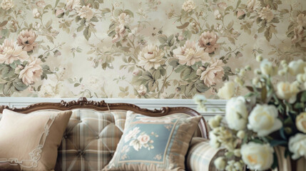 Wall Mural - Immerse yourself in the timeless elegance of a vintage floral wallpaper design, featuring intricate patterns and muted tones that evoke a sense of nostalgia and romance
