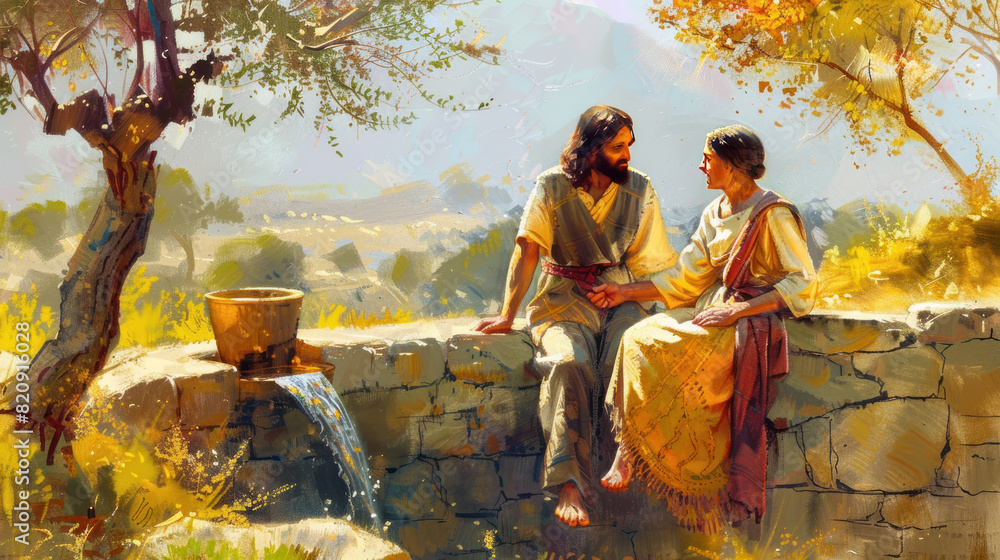 Jesus and the Samaritan woman at the well, illustrated in warm ...