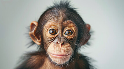 portrait cute baby monkey ape orang utan face with beautiful eyes isolated on white background