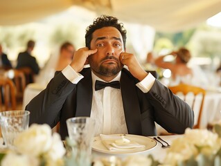 Sticker - A man in a suit is sitting at a table with a glass of water in front of him. He looks sad and is crying