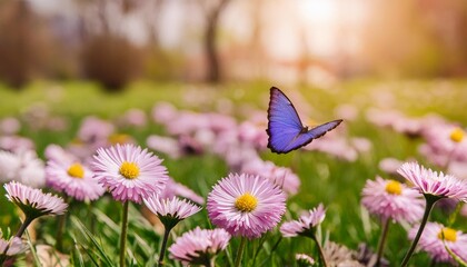 Wall Mural - beautiful spring meadow background with grass flowers and butterflies on a sunny day pink daisies and a purple butterfly in the sunlight spring concept banner design easter day