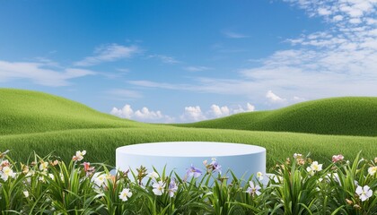 Wall Mural - 3d display podium background natural green grass and flowers nature blue sky minimal pedestal beauty cosmetic product presentation spring summer landscape banner template 3d render