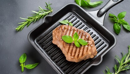 Wall Mural - grilled steak with herbs on a cast iron grill pan