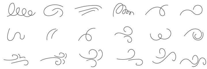 Doodle wind line sketch set. Hand drawn doodle wind motion, air blow, swirl elements. Sketch drawn air blow motion, smoke flow art, abstract line. Isolated on white background . vector illustration. 