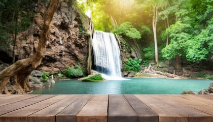 Wall Mural - wood table top podium in outdoors waterfall green lush tropical forest nature background organic healthy natural product present placement pedestal counter display website banner cover jungle concept