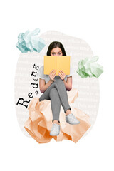 Poster - Creative template collage of young lady sitting crumpled paper study with textbook reading for clever materials